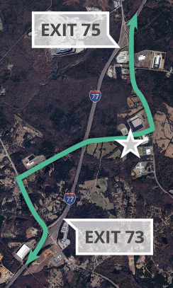 A map of Rock Hill, SC contains a star and notes the interstate exits closest to it