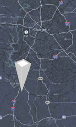 A map of Charlotte with a location in Rock Hill, SC noted