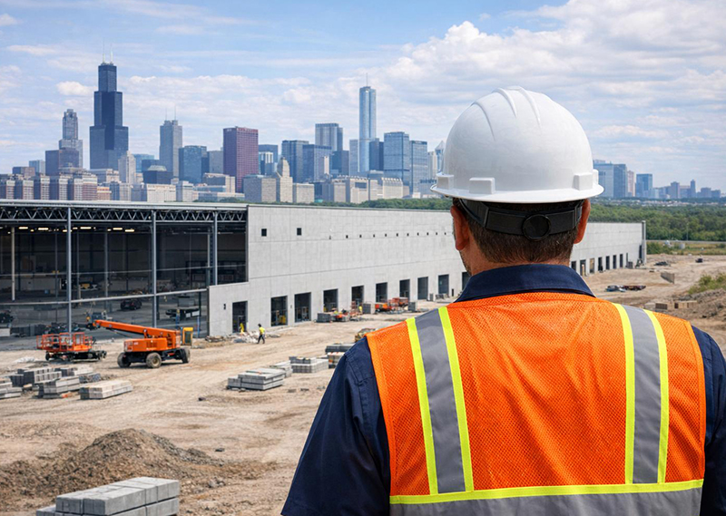 A man in a hard hat and orange vest overlooks a warehouse under construction