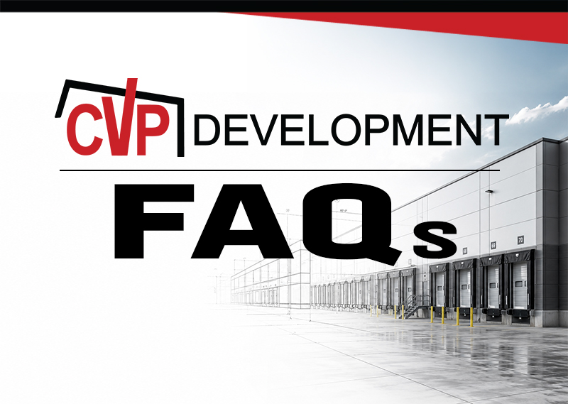 A graphic with a distribution center that reads CVP Development FAQs